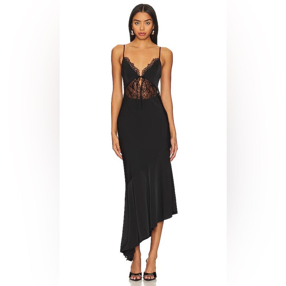 NWT NBD Brigitta Satin Lace Midi Dress in Black - Picture 3 of 10